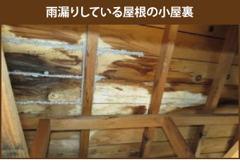雨漏りしている屋根の小屋裏