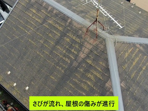 サビが流れ、屋根の傷みが進行している様子