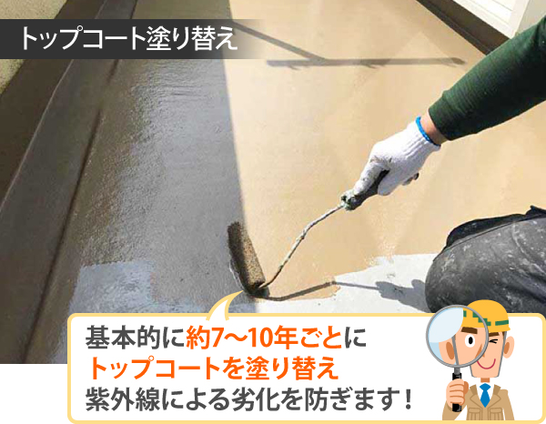 ベランダ床のトップコート塗布 ベランダの防水性を保つために、保護塗料を塗布します。
