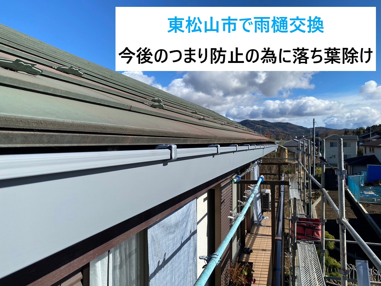 東松山市で劣化による歪みある雨樋を交換！まとめて竪樋の交換と落ち葉除けを設置