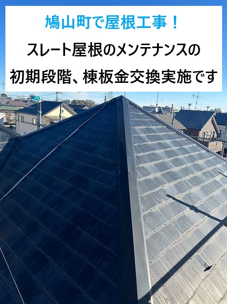 鳩山町で屋根工事！スレート屋根のメンテナンスの初期段階、棟板金交換実施です♪