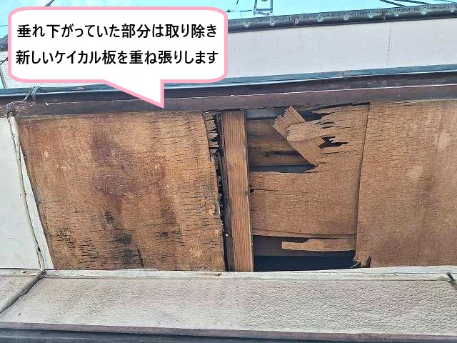 垂れ下がった部分は取り除きケイカル板を重ね貼り