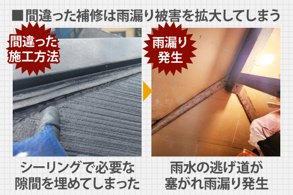 間違った補修は雨漏り被害を拡大してしまう